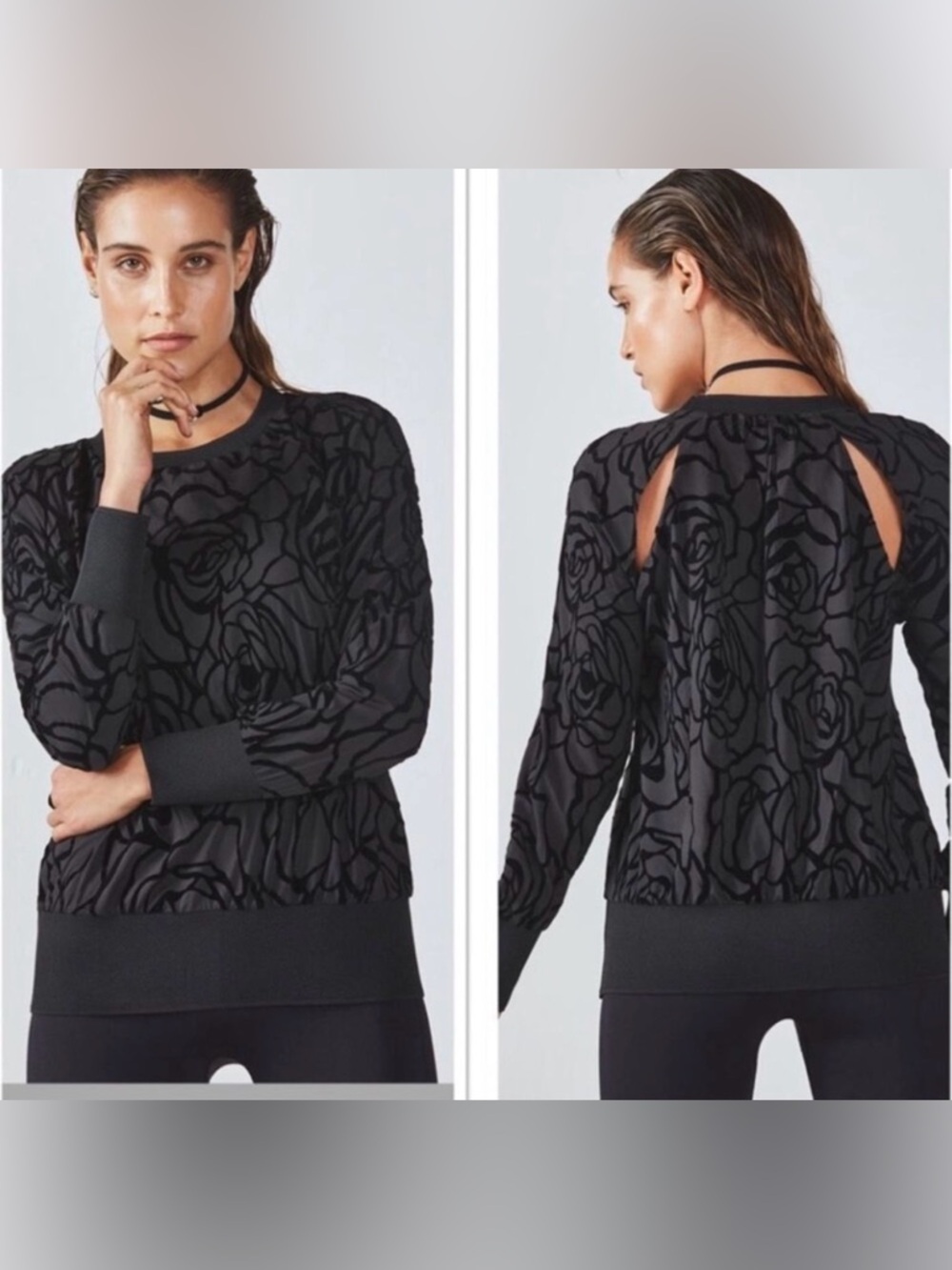 Fabletics Black Floral Burnout Long Sleeve Top